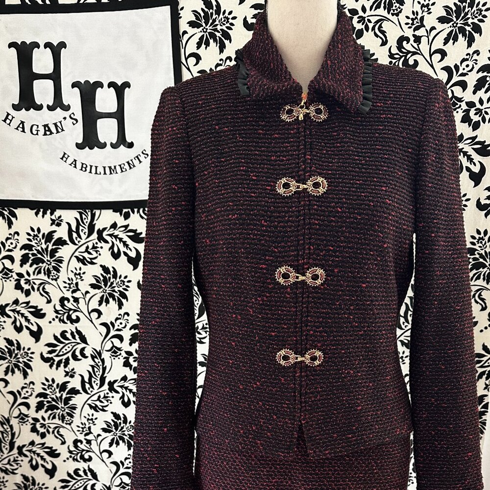 St John Magenta Tweed Leather Trim 2 Piece Suit with Skirt Size 0